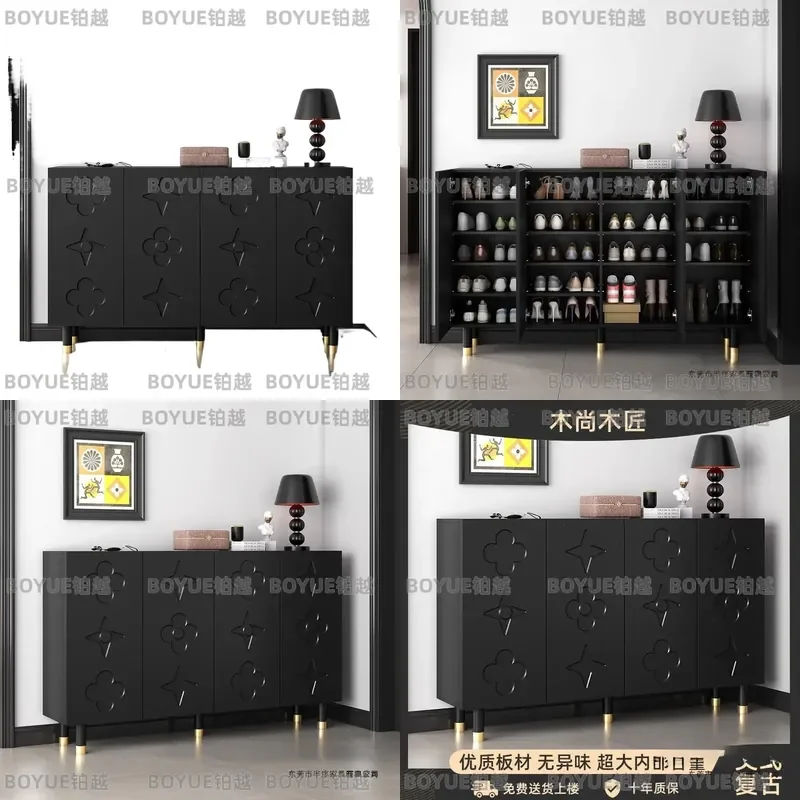 Retro Black Shoe Cabinet Modern Entryway Storage Unit Wood Based Panel Porch Organizer New Chinese Style Home Furniture