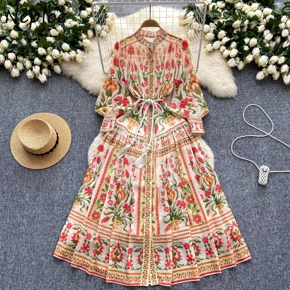 Neploe Senior O Neck Lantern Sleeve Print Vestidos Mid-length Court Lace Up Panelled Mujer New Summer Chiffon Bif Swing Dresses