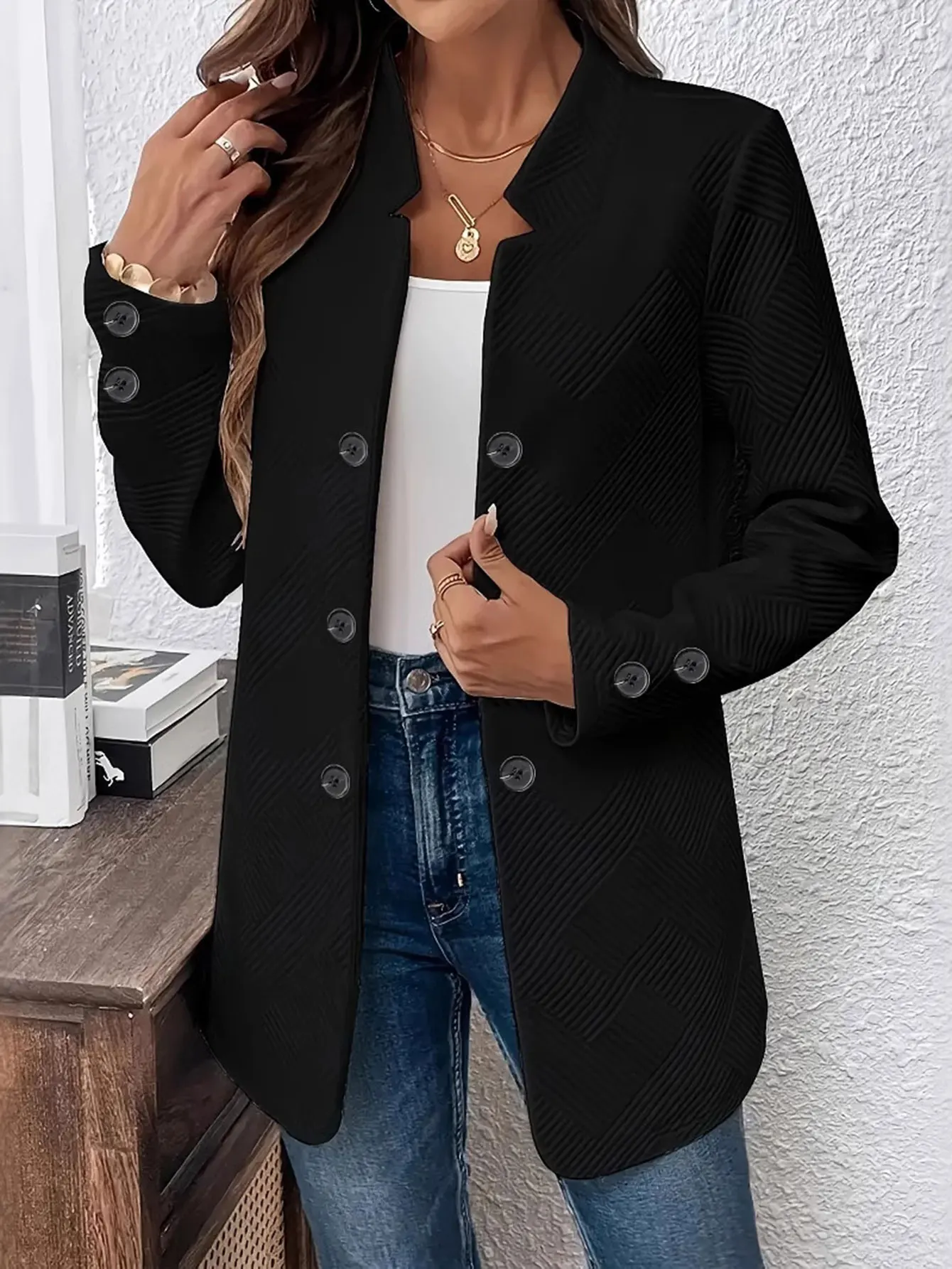 

Autumn Women's Jackets Basics Decent Double Breasted Solid Color Long Sleeve V-Neck Office Lady Jackets
