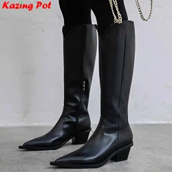 Krazing Pot Winter Genuine Leather Zipper Long Boots Pointed Toe High Heels European Lazy Design Keep Warm Knee-high Boots L88