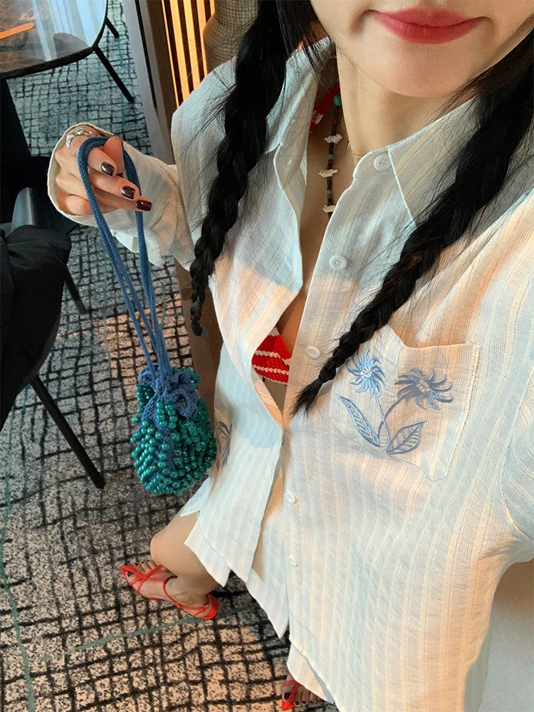 

Spring Faion Set irt+Skirt Embroidered Striped Two-Piece Suit for Small Figures Clete Ensemble Cotton Long Sve Butt...