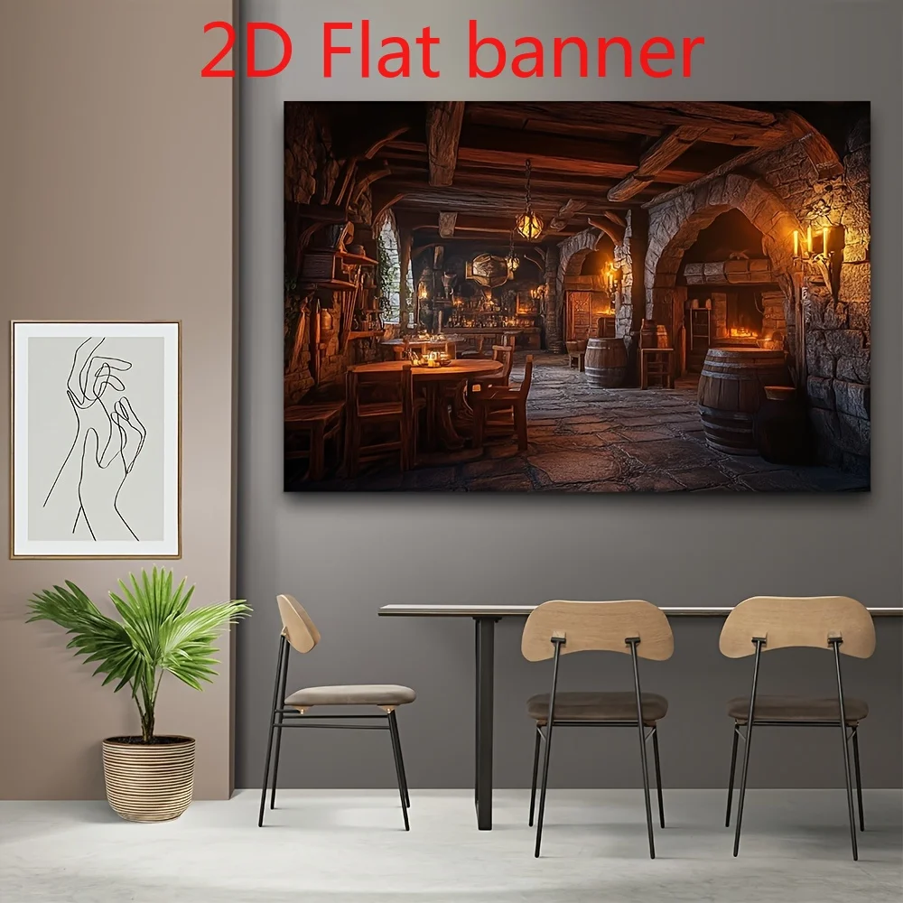 2D Flat,Medieval Tavern Stone Arch Fireplace Tapestry Fantasy RPG Wall Art Man Cave Decor Cozy Dungeon Interior Background Print - view 4