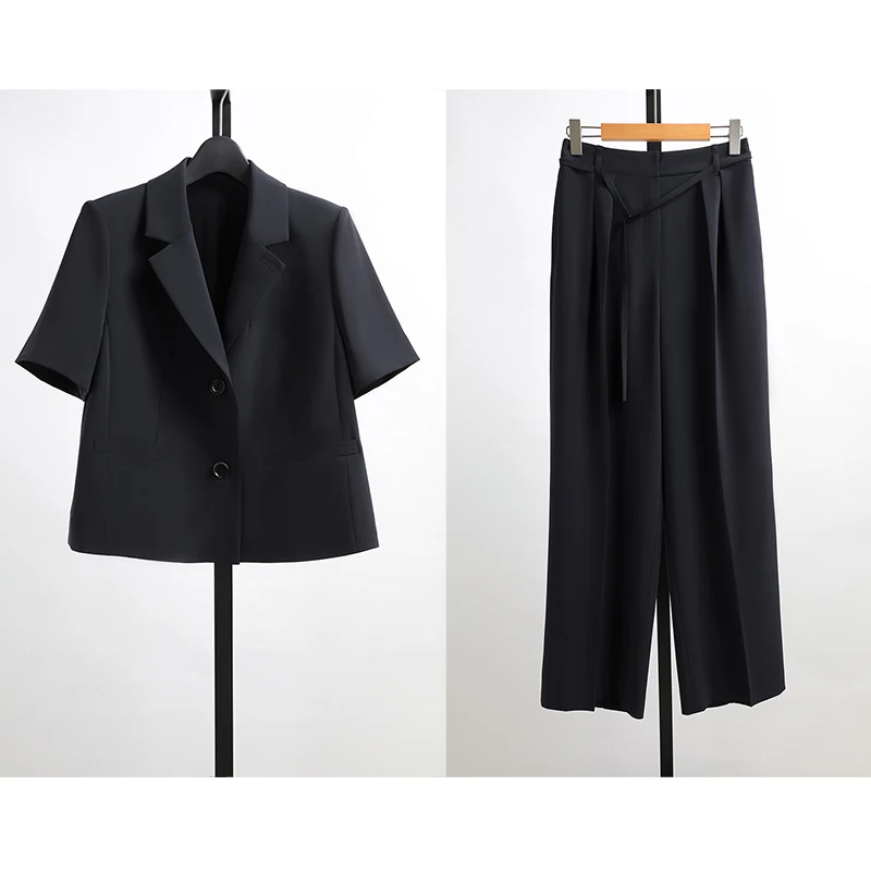 

Awei Clothing Summer New Women's Short Sleeve Suit Jacket High Waist Straight Leg Pants 2 Piece Set Polyester Fiber Workwear