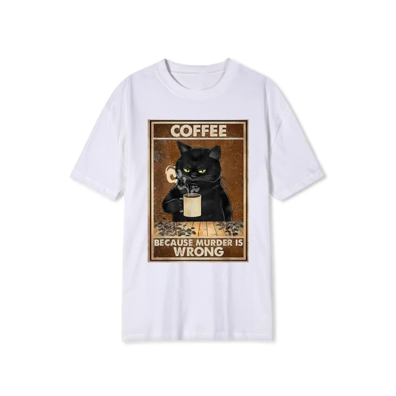 Black Oversized Hip Hop  Cotton Tops Short Sleeves For Men Coffee Because Murder Is Wrong Cat Drinks Coffee Funny T-Shirt funny