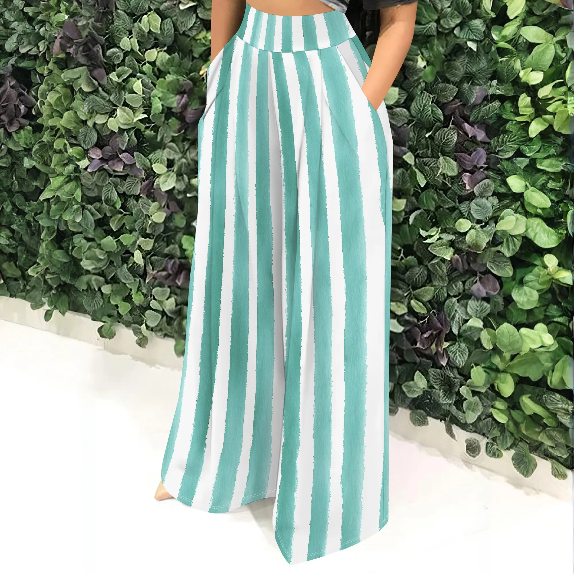 Striped High Waist Wide Leg Pants, Casual Loose Fit Trousers with Pockets, Summer Beach Vacation Wear for Women, S-2XL