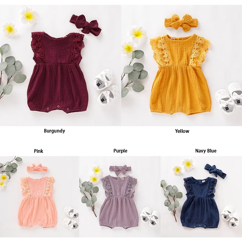 

Newborn Baby Girl Romper Sleeveless Lace Bodysuit+Headband 2PCS Summer Cute Leisure Daily Jumpsuit for Toddler Girl 0-18 Months
