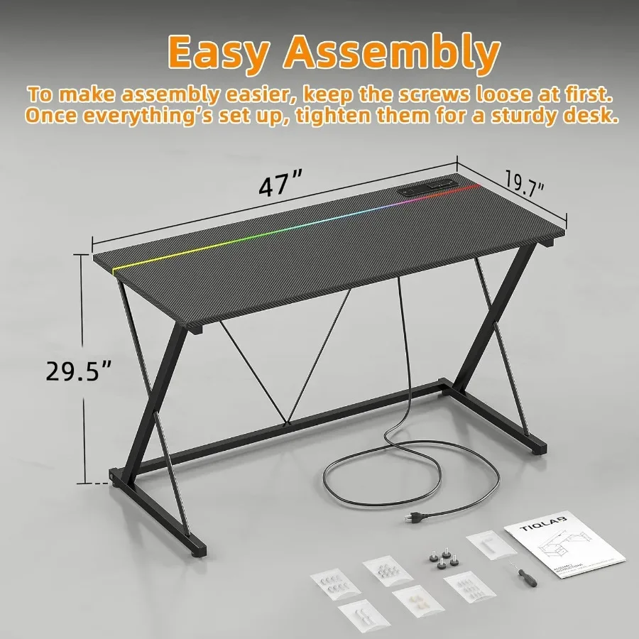 مكتب ألعاب مريح مقاس 47 بوصة مع منافذ طاقة مدمجة وإضاءة LED محيطة عمل الكمبيوتر بلمسة نهائية من ألياف الكربون F #3