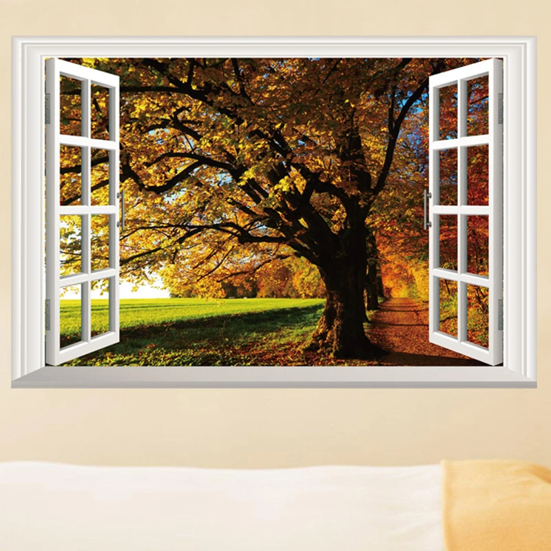 Multiple Styles of Autumn View Mural for Home Decoration Beautify Room Window Art Countryside Field Big Trees Vinyl Wall Sticker