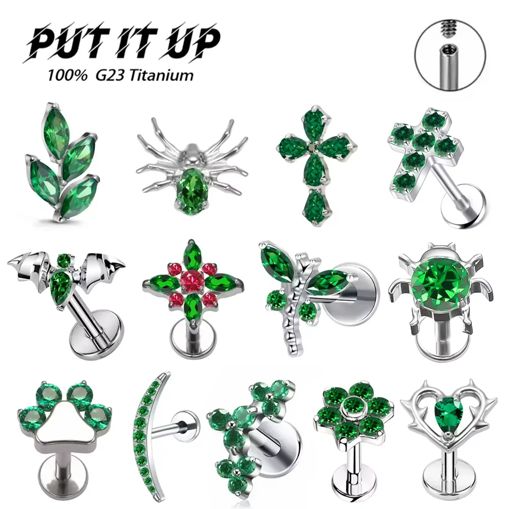 

PUTITUP Official F136 Titanium Alloy Green Zirconia Ear Stud Set Fashionable Ear Cartilage Lip Stud Body Piercing Accessories