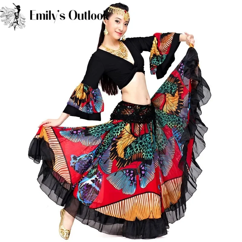 Gonna zingara stampata a fiori da 720 gradi Danza del ventre Abbigliamento tribale Costume di danza del ventre Abiti da flamenco Spettacolo teatrale spagnolo Egitto