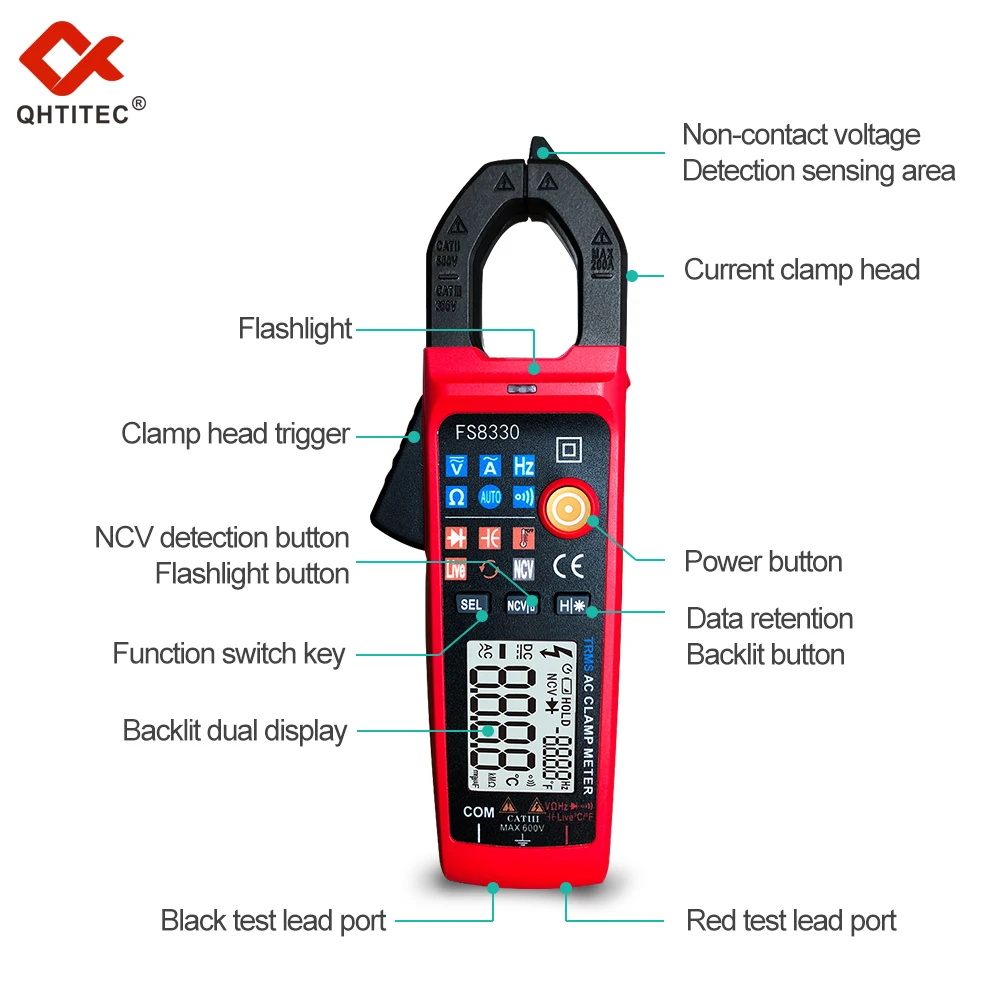 QHTITEC Digital Clamp Meter Multimeter FS8330 AC Current Ammeter DC Voltage Amperimetric Tester Capacitance Diode NCV Auto Range