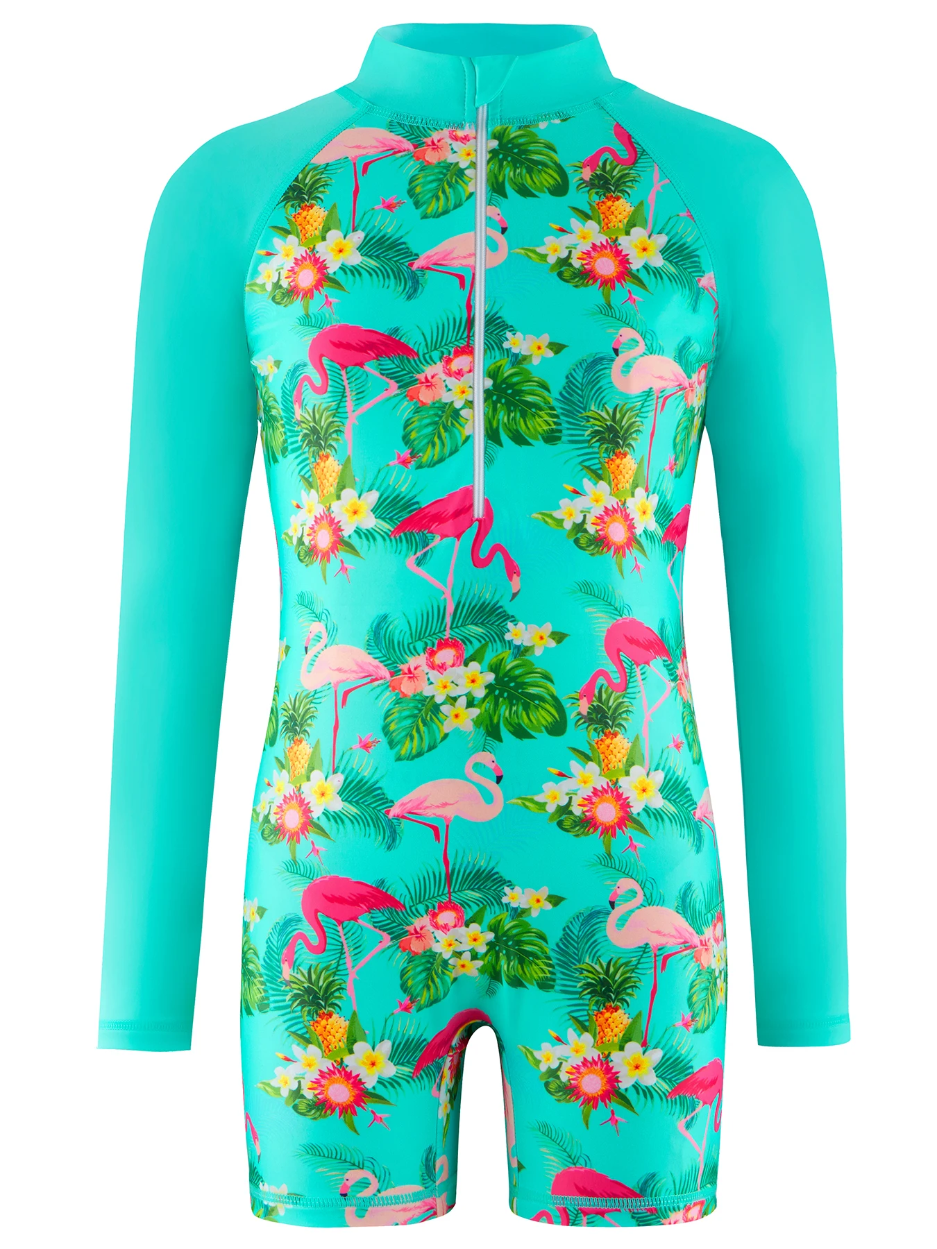 سماوي اللون قطعة واحدة ملابس الاطفال فتاة طويلة الأكمام فلامنغو طباعة ملابس السباحة الشاطئ المياه اللعب الصيف لباس سباحة Boyleg السراويل