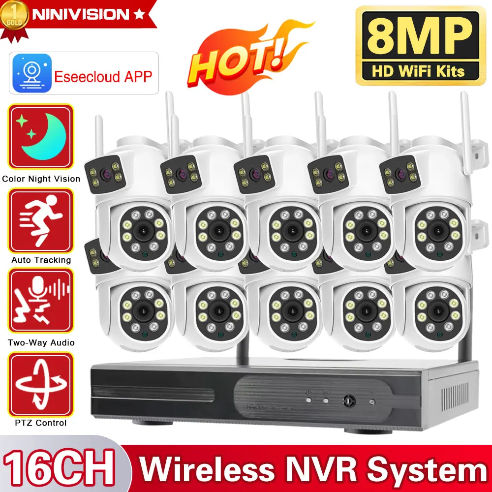 

8MP WiFi Dual Lens Dual Screen Wireless IP Cameras 10CH WiFi NVR Security System Two Way Audio Outdoor Video Surveillance Set