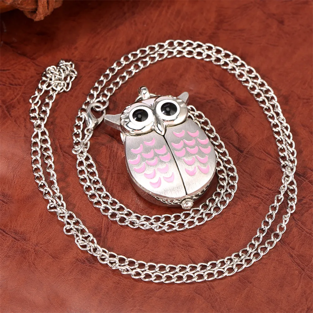 Tiny Cute Bronze/Silver Vintage Night Owl Quartz Pocket Watch Necklace Pendant Clock Gift for Kids Women