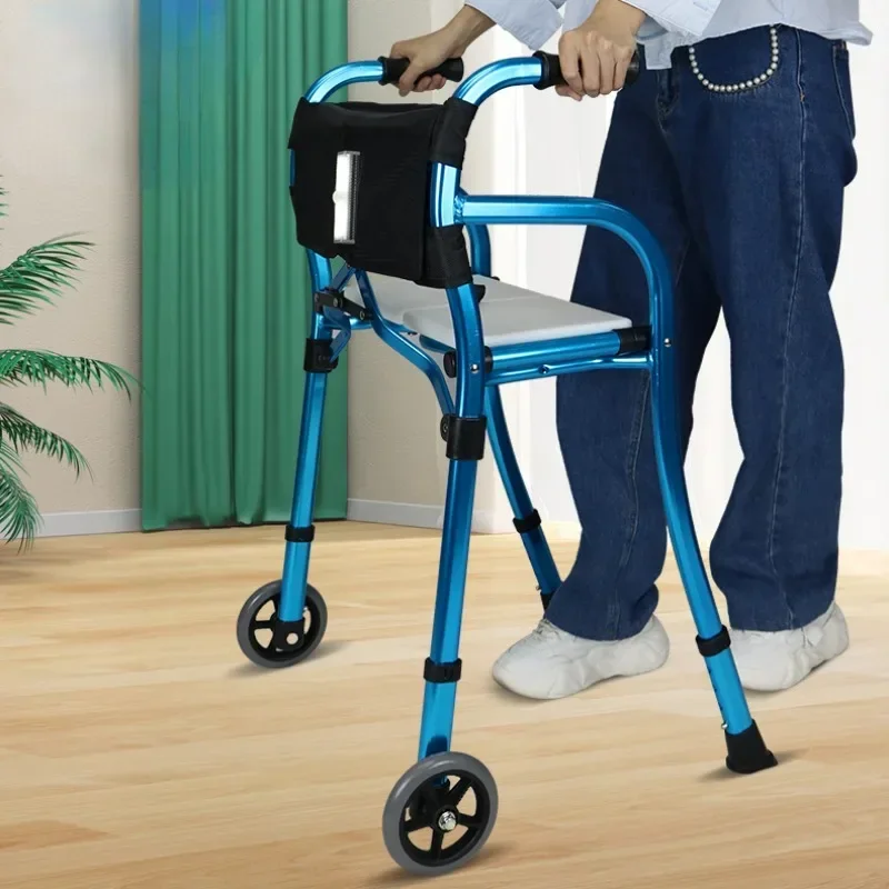 Aluminum Alloy Elderly Mobility Aids Walking Stick Seat, Disability Products Four Legged Folding Crutches, Standing Up Handrail