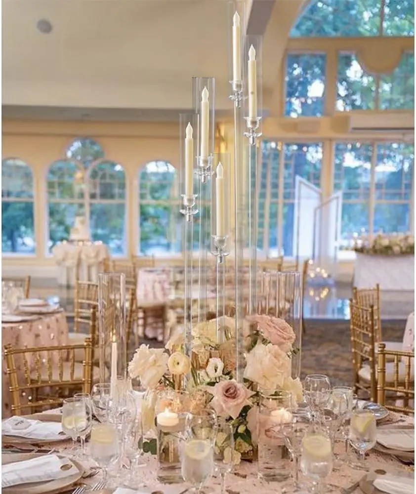 

2pcs 5 Arm Candelabra Acrylic Floor Candle Holder for Wedding Clear Candle Holder for Birthday Party Fit 0.8 LED Candle