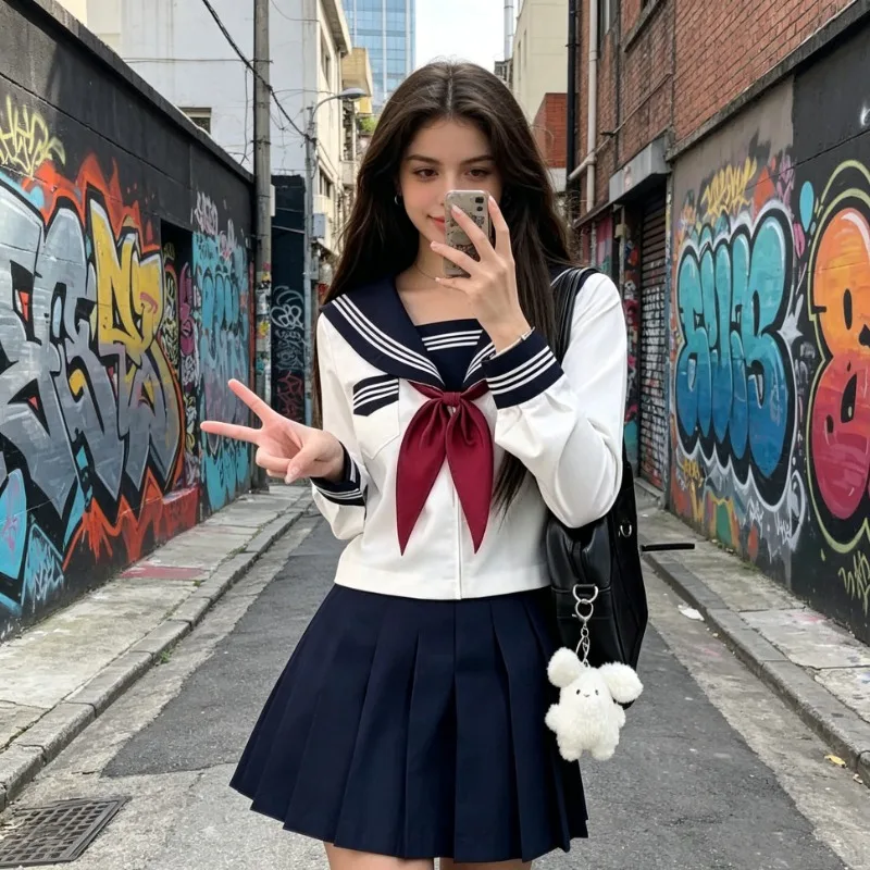 Japanese College Style Uniform Set, Classic Kansai Collar White Three Book Sailor Uniform Basic Design, Improved Design