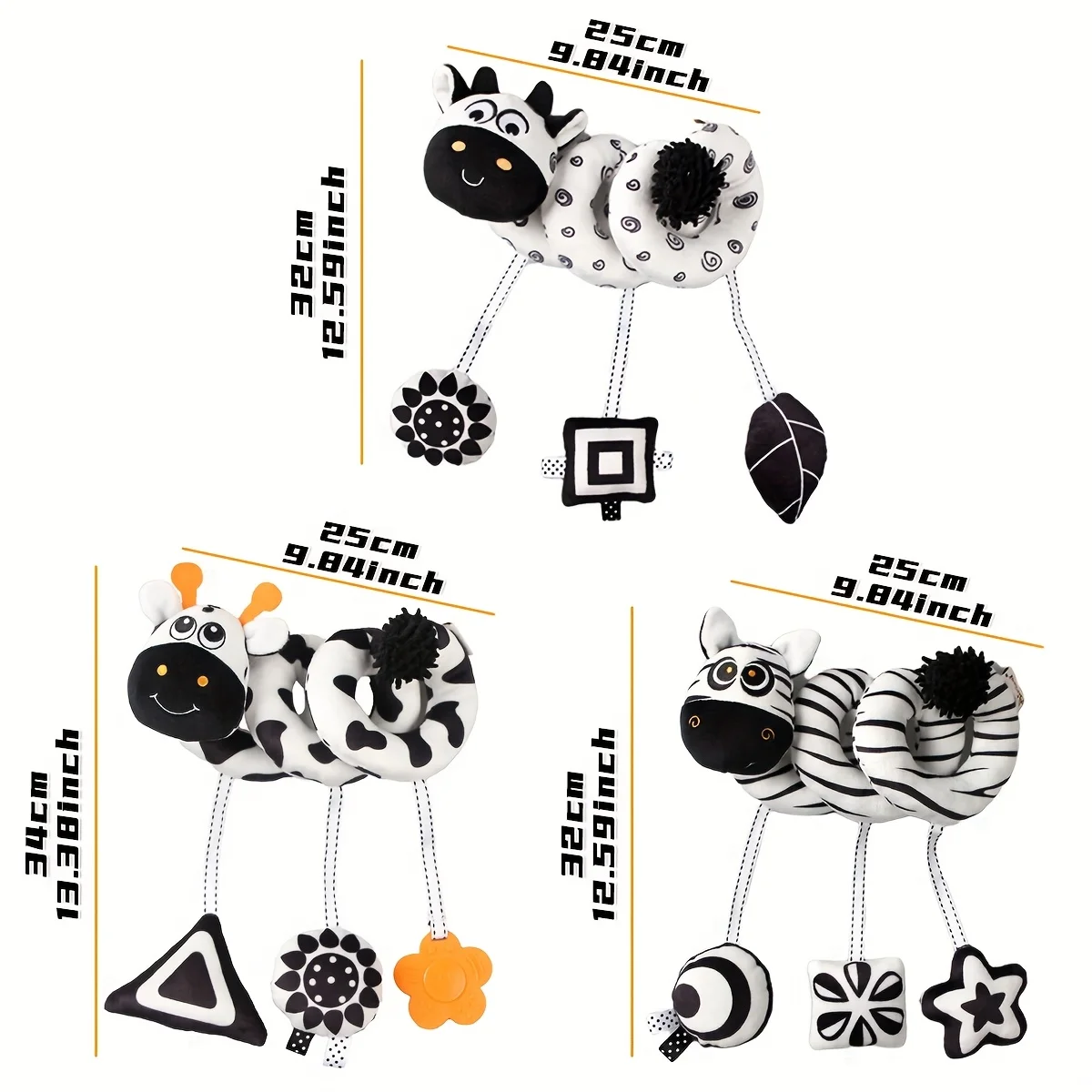 Lettino per bambini con stimolazione visiva degli animali in bianco e nero che avvolge l'auto, giocattolo sensoriale dei cartoni animati di animali, peluche a spirale