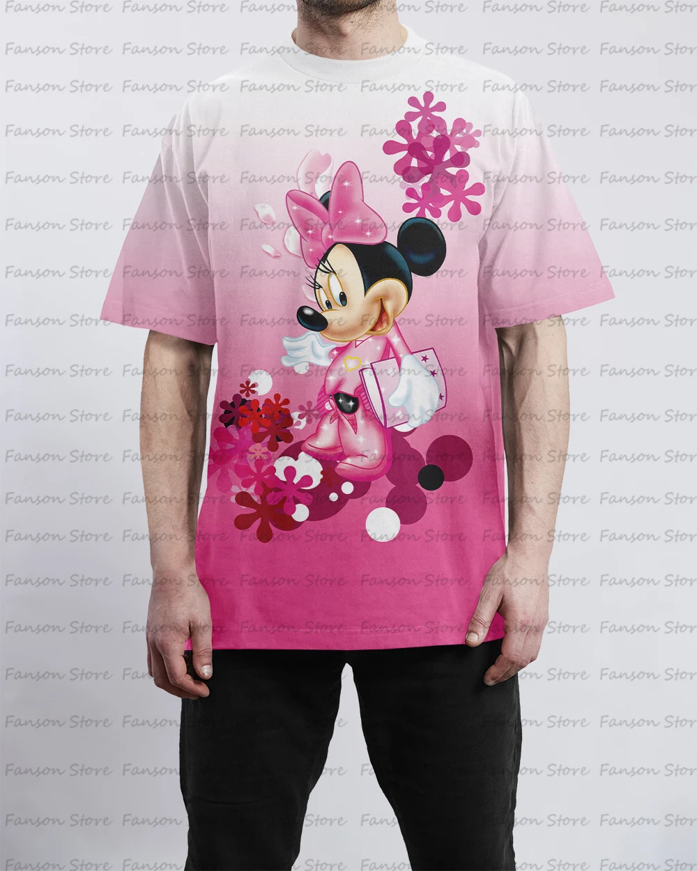 Lovely Minnie Mouse 2024 summer Men's 3D printing Cartoon O-neck T-shirt couple Street fashion sports children Short sleeve Top