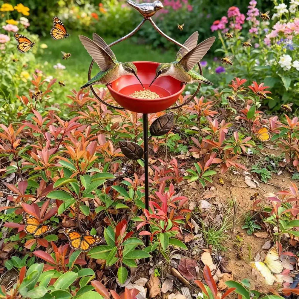 Wild Bird Food Holder Bird Feeder Garden Stake with Iron Bracket Bowl Rust-resistant Food Water Holder Decorative Outdoor Yard