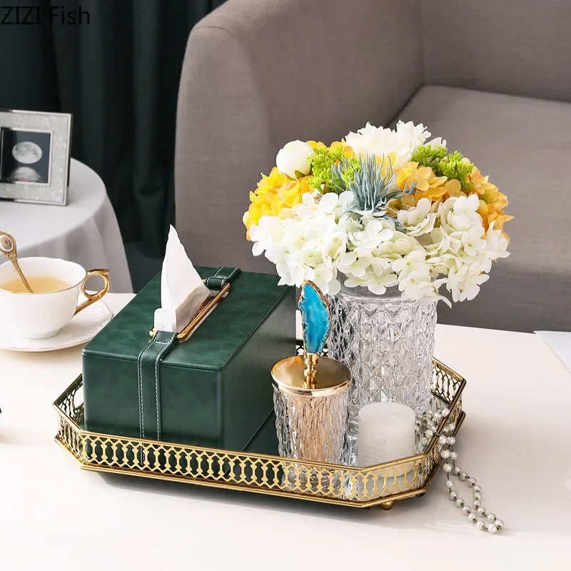 Leather tissue box Handmade Metallic green Paper box Tea table storage organization ornaments napkin holder Home Decoration