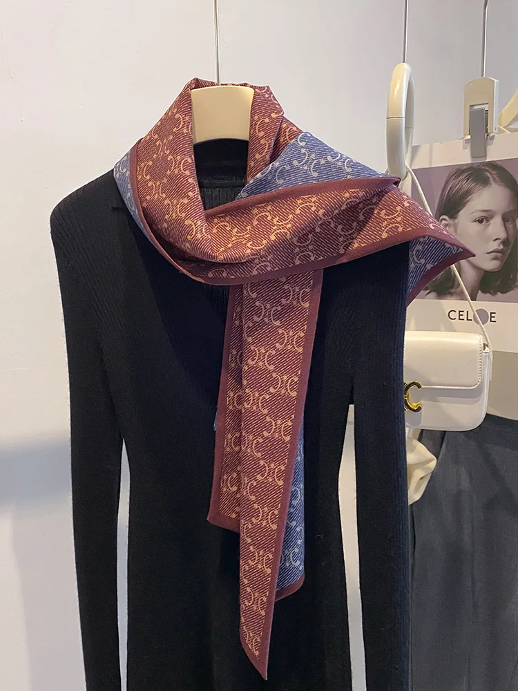 double-sided-silk-scarf-women's-long-narrow-wool-blend-versatile-ne-warmer-autumn-winter-faionable-accory-by-xinxiang