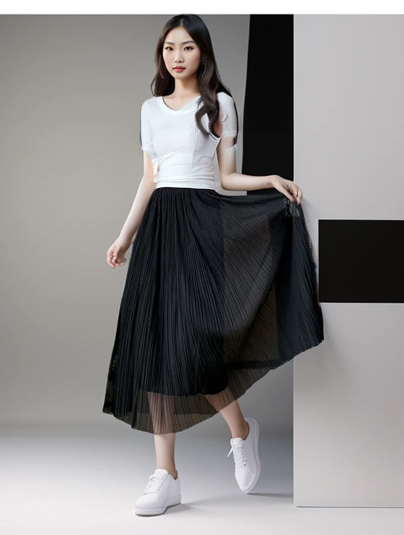 Silk Light Women Summer Versatile Fine Line High Waist Slim Fit Soft Mid-length Mesh Skirt Macaron Color Fresh Sweet Style