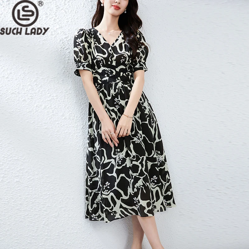 

100% Silk Women's Dresses Sexy V Neck Short Sleeves Printed Elegant Fashion Designer Vestidos