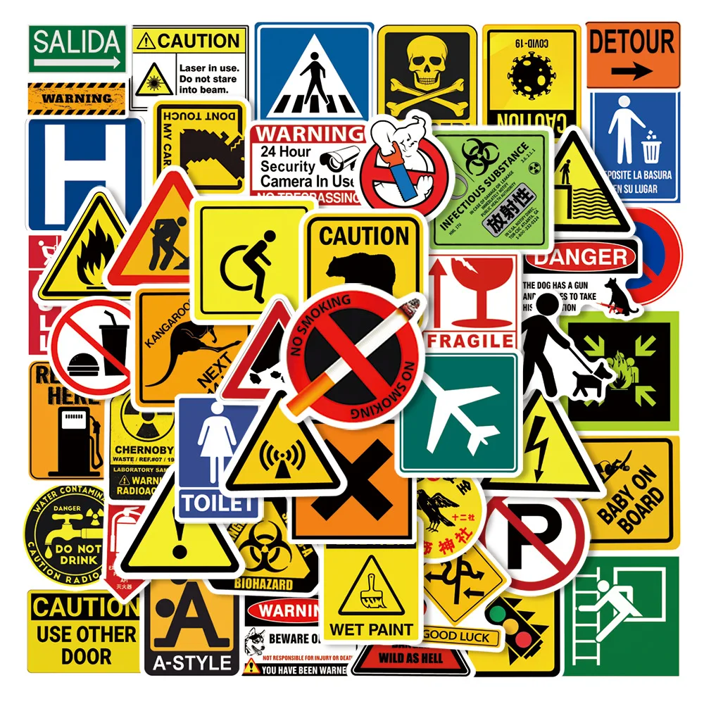 50Pcs Attention Warning Sign Sticker Warning Sign Sticker Danger Banning Sign Luggage Phone Case Water Cup Sticker