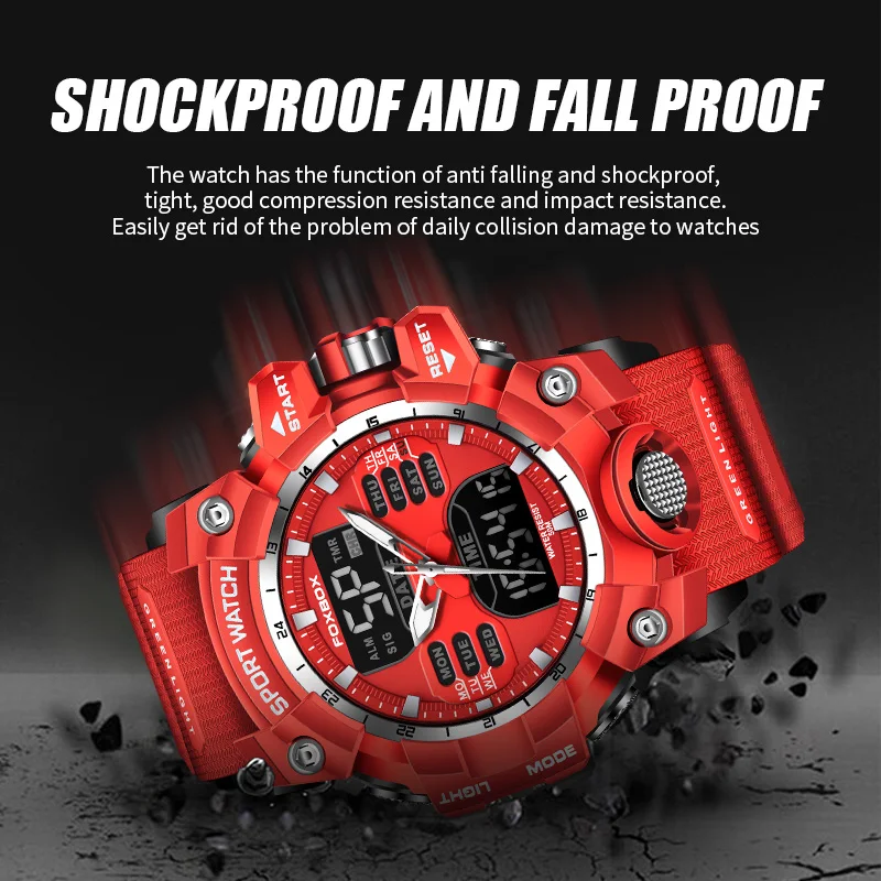 FOXBOX Waterproof Watches for Men Luxury Sport Chronograph Alarm Wristwatch Military Quartz Clock Digital Male Watch Student