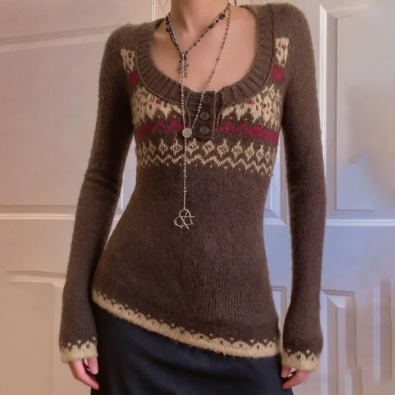 

Retro Ethnic Pattern U-neck Breasted Slim-fit Pullover Sweater Autumn and Winter Versatile Knitted Top Women