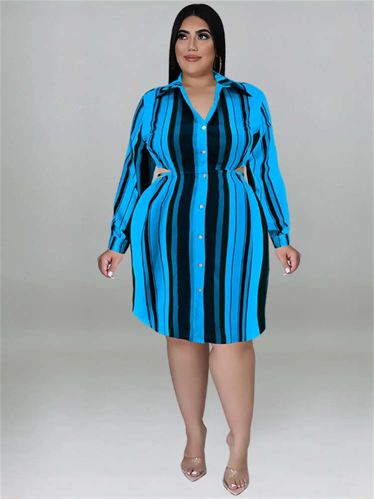 Wmstar Plus Size Dresses Women Fall Clothes Striped Hollow Out Elastic Waist Elegant Midi Shirts Dress Wholesale Dropshipping