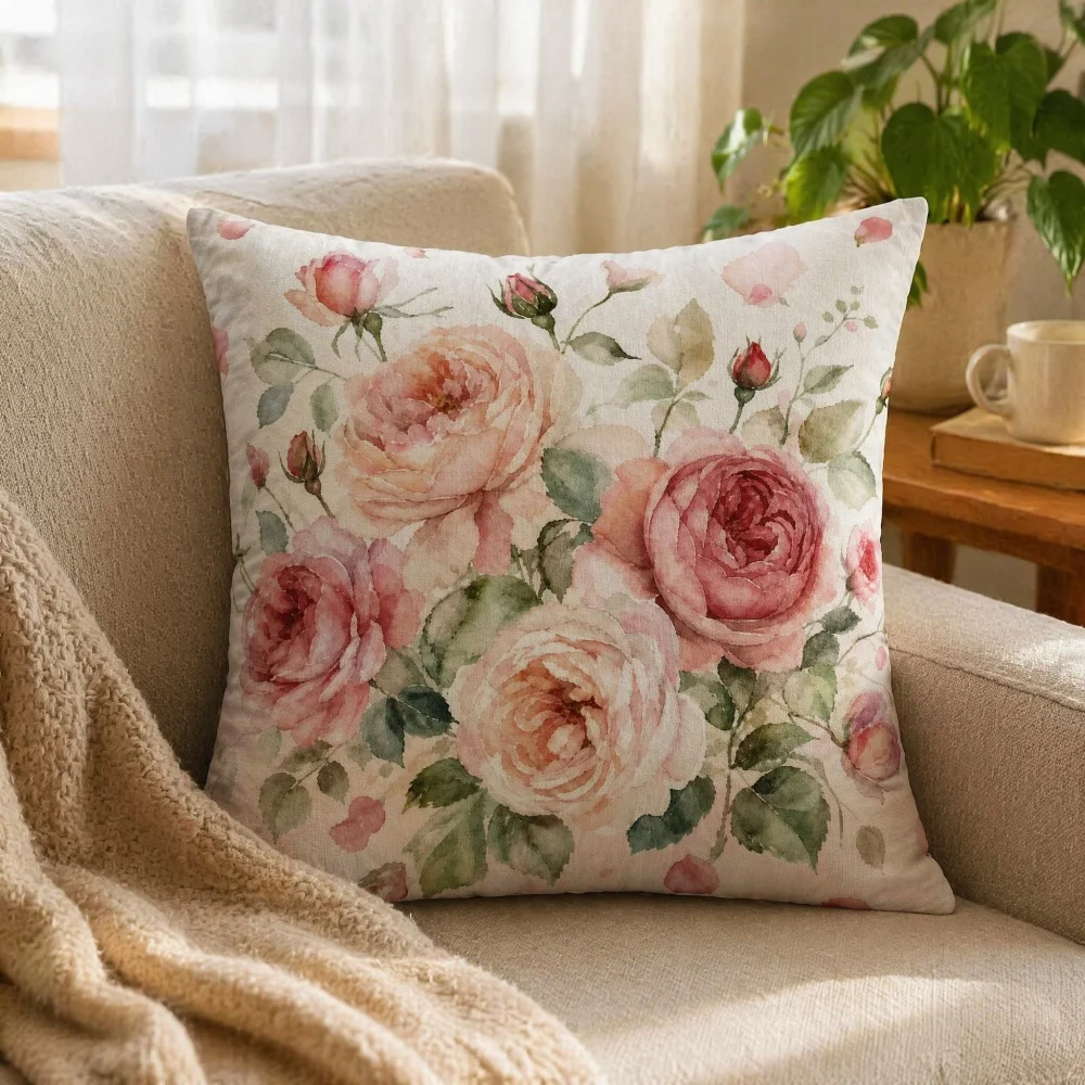 Square Multi Size Complete Cushion Pillow,2D Printed Gentle Pink Rose Floral Aesthetic Home Decor Cushion