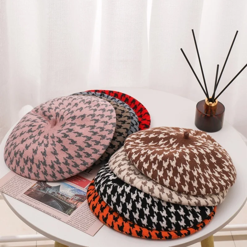 2024 Women\'s Autumn/Winter Casual Beret Thousand Bird Check Knitted Warm Stylish Personality Artist Hat