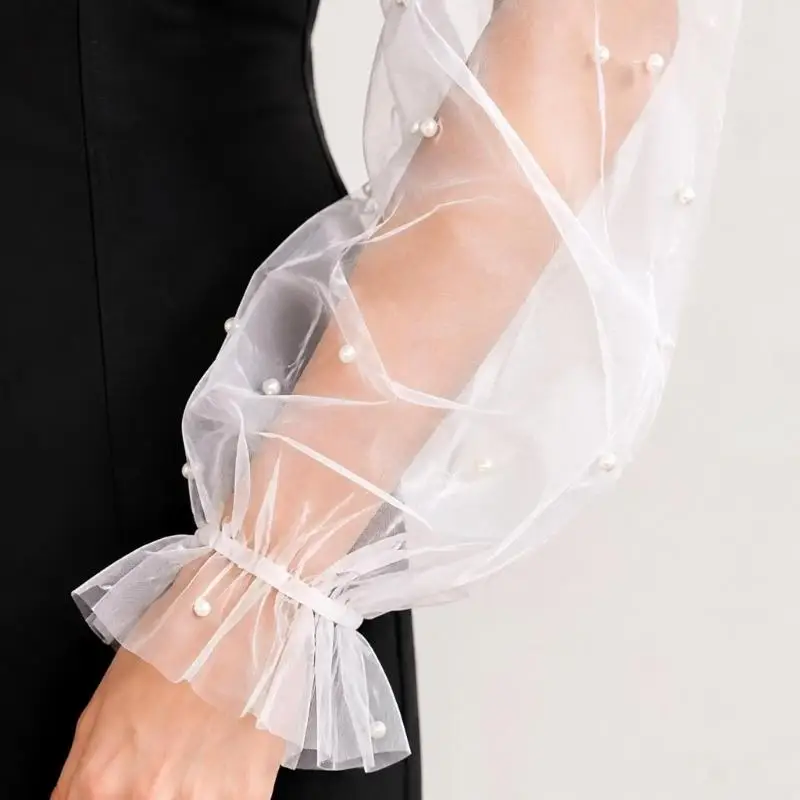 31BB Flared Tulle Bridal Sleeves with Ruffled Edges, Decorative Armwear, Seethrough, Pearls Decors, Arm Coverage for Occasion