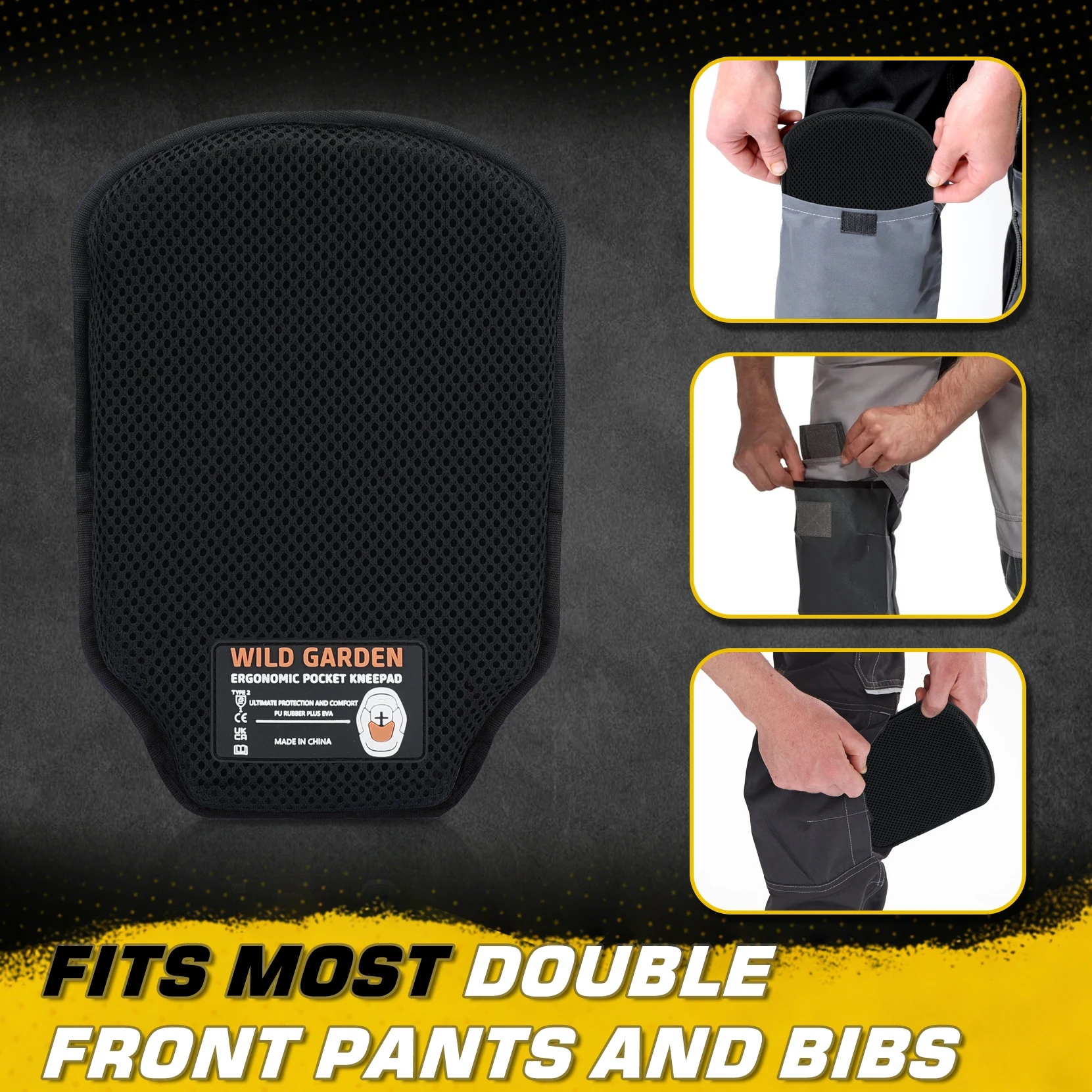 プロ仕様の作業用膝パッド。人間工学に基づいた快適な膝パッドで、様々な作業に適しています。作業用パンツと併用するように設計されています。