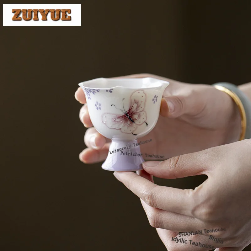 70ml Gradient Purple Hand-painted Butterfly High Foot Teacup Zen Tea Bowl Jug Tea-tasting Meditation Cup Chazhan Master Cups Cha