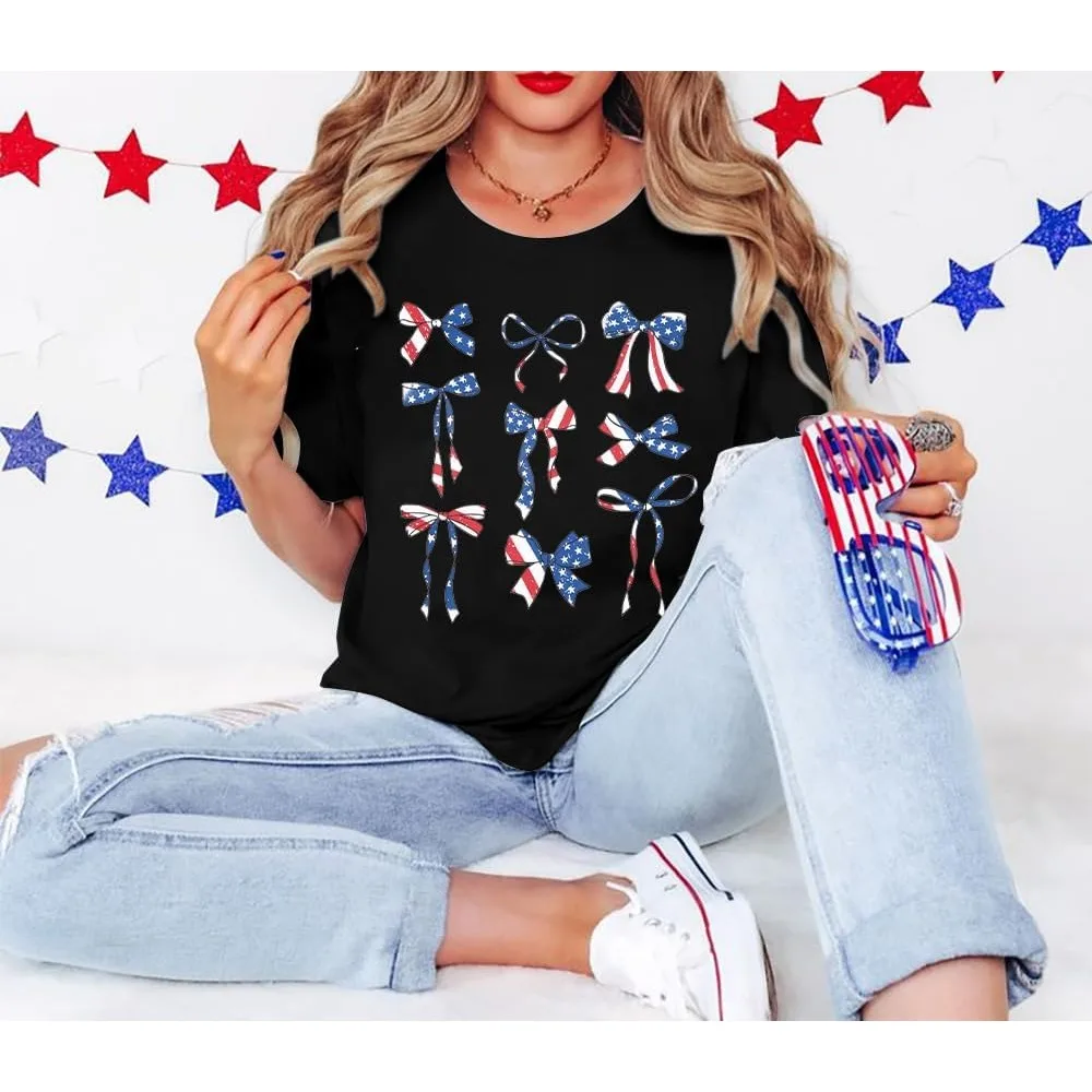 4th กรกฎาคม American Star STRIPES Bows Retro รักชาติสั้นเสื้อ \ \ \ \ \ \ \ \ \ \ \ \ \ \ \ \ \ Crewneck Cotton เสื้อยืด USA FLAG Creative Design T เสื้อ