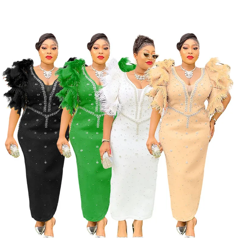 

African mesh slim hot diamond elegant V-neck long skirt short sleeve foreign trade women's temperament elegant simple new hot sa