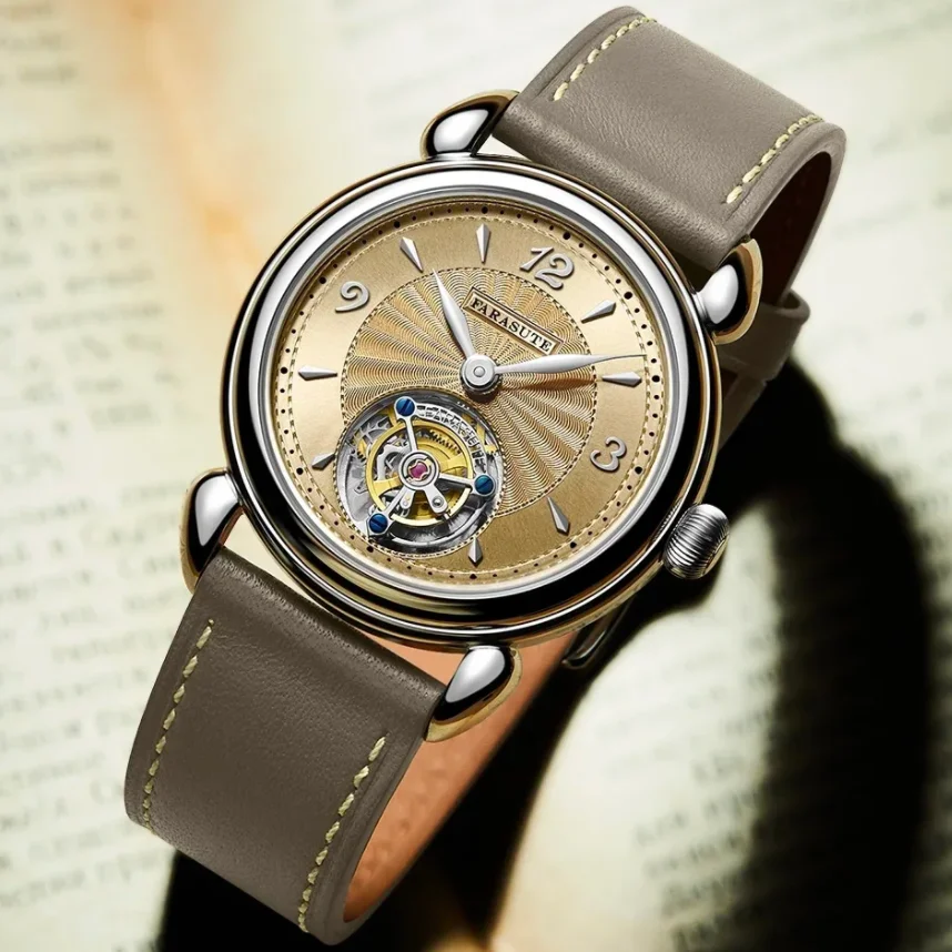 FARASUTE Men Tourbillon Watch 37mm Manual Winding Mechanical Wristwatch Ultrathin Sapphire Mirror Sunburst Dial