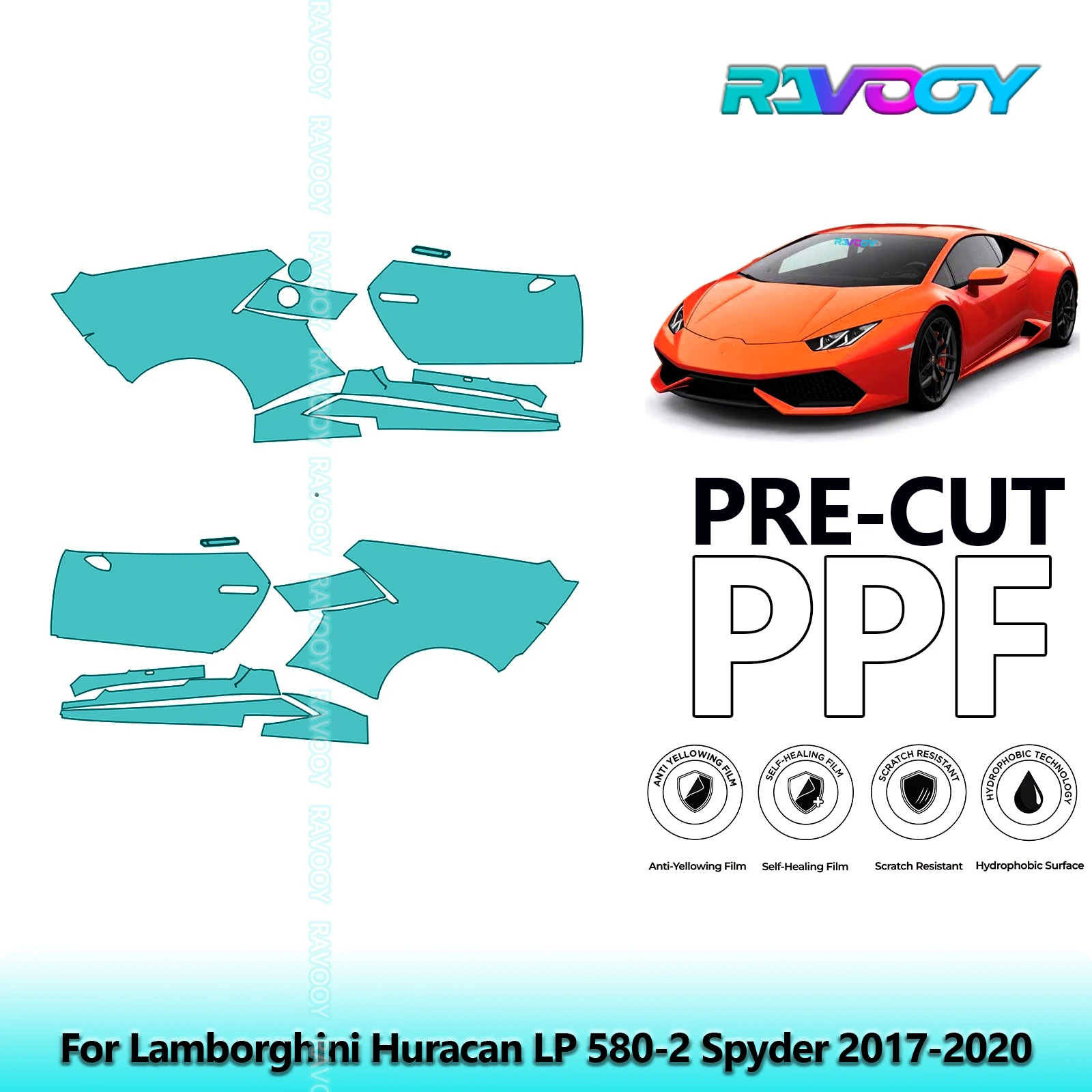 

For Lamborghini Huracan LP 580-2 Spyder 2017-2020 8.5mil Pre-Cut PPF Door & A/B Pillar Kit TPU Paint Protection Film Set