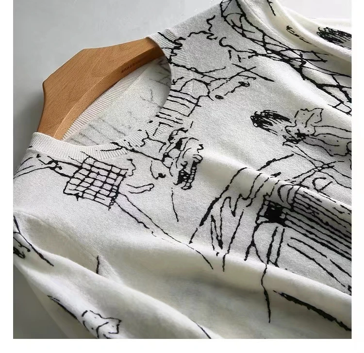 Summer Women's Thin Section Graffiti Digital Jacquard Round Neck Fine Imitation Wool Knitted Short-sleeved T-shirt  Pullover Top