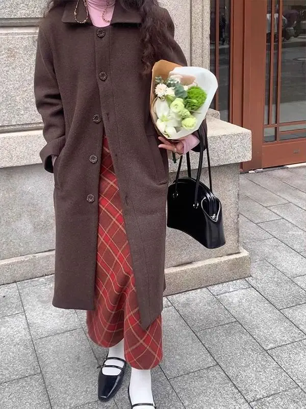 Gonna a trapezio scozzese di lana rossa Donna Inverno 2025 Nuova vita alta Dra Slim Fit Gonna lunga avvolgente Casual Home Out...