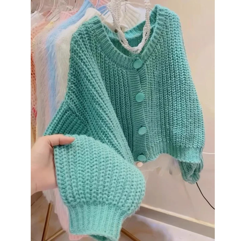 

New O-neck Women Cardigan Short Sweater Autumn Long Sleeve Casual Single Breasted Simple Jacket Sweet Loose Solid Color Clothing