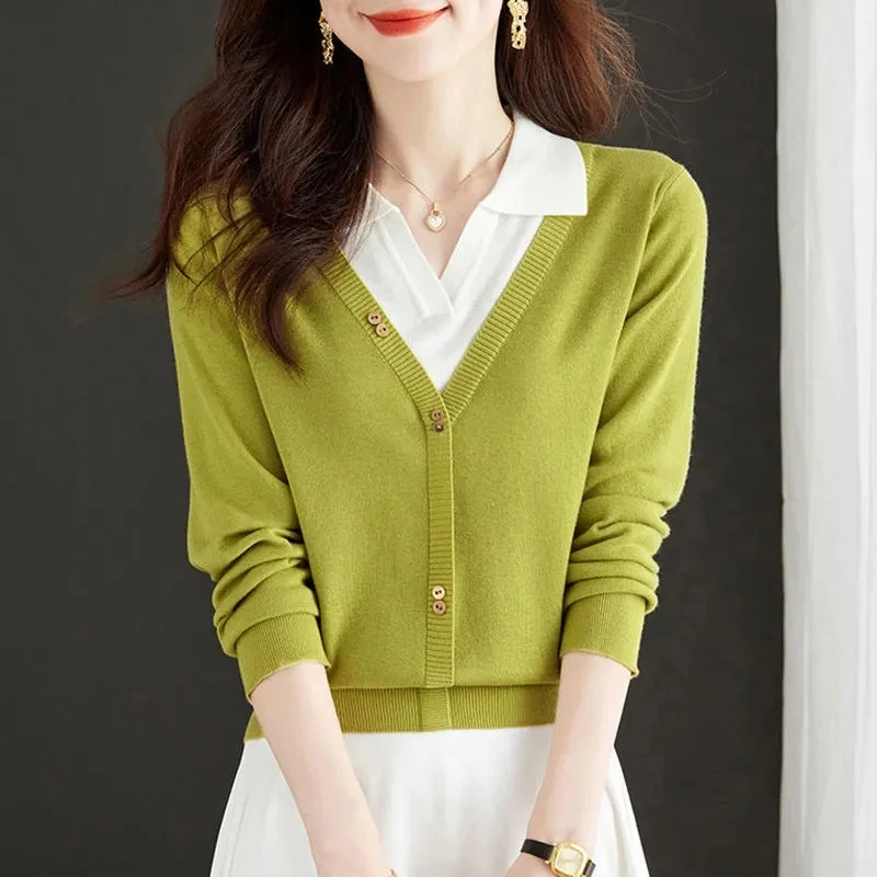 2025 Spring Autumn New Fake Two Piece Knitted Sweater Women Pullovers Korean Contrast Lapel collar Long Sleeve Female Knit Tops