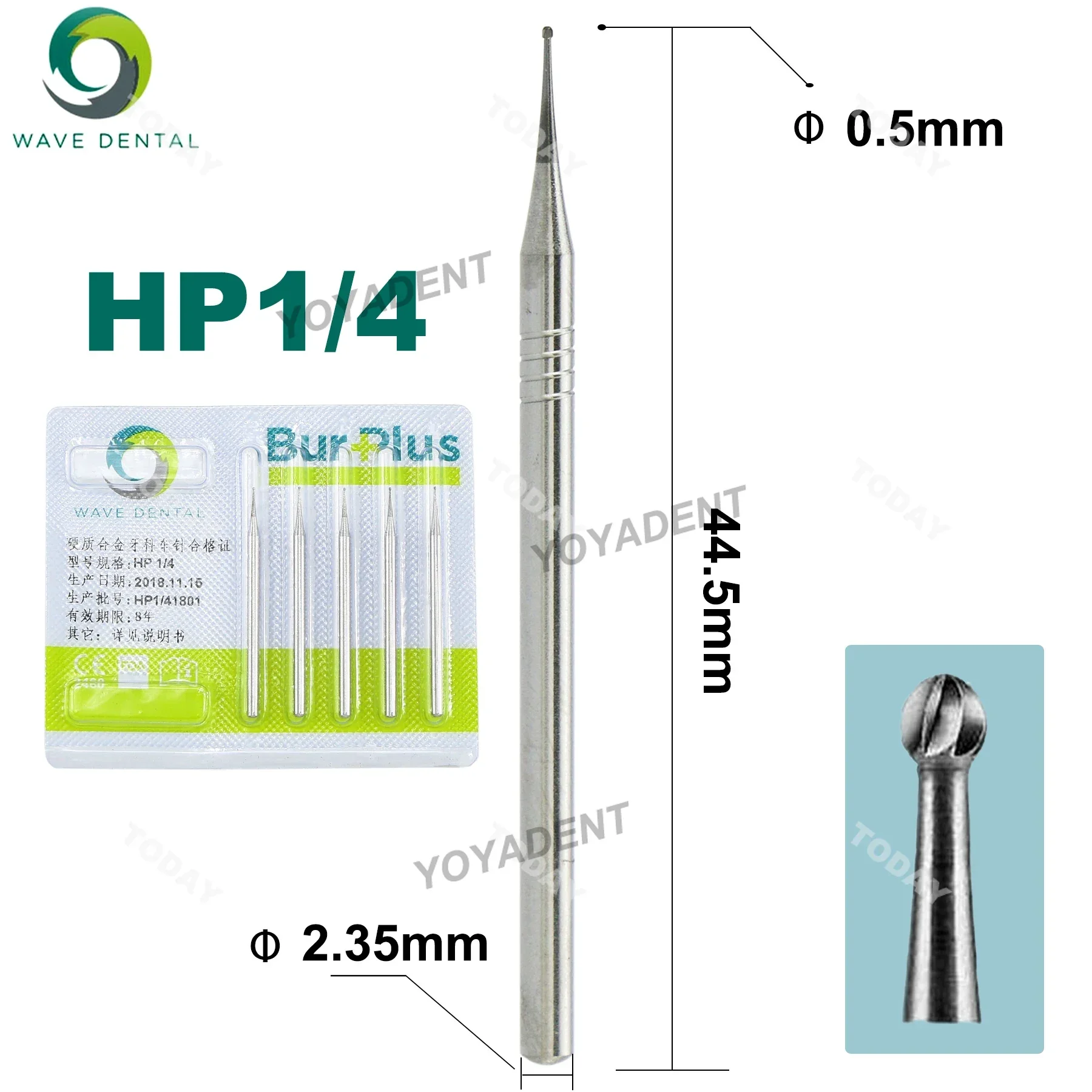 WAVE Dental Burs Spherical Tungsten Carbide Burs 0.5 to 2.5mm For Straight Nose Cone Handpiece 5Pcs/Pack