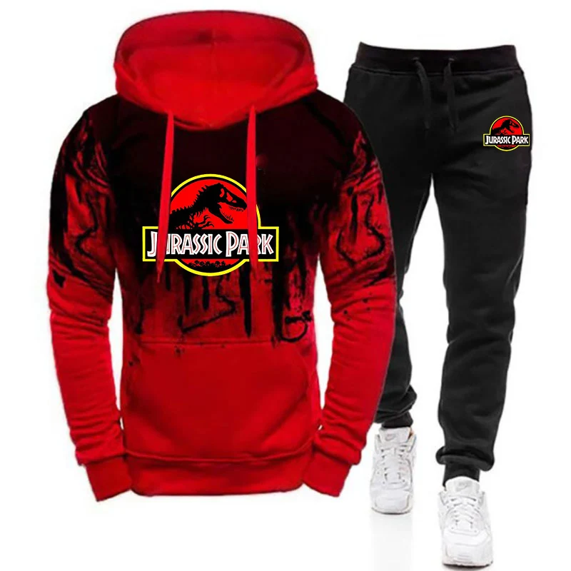 2024 Spring Autumn Men's Jurassic Park Logo Printing Popular Gradient Color Hooded Tracksuit+Casual Sports Jogging Trousers Sets