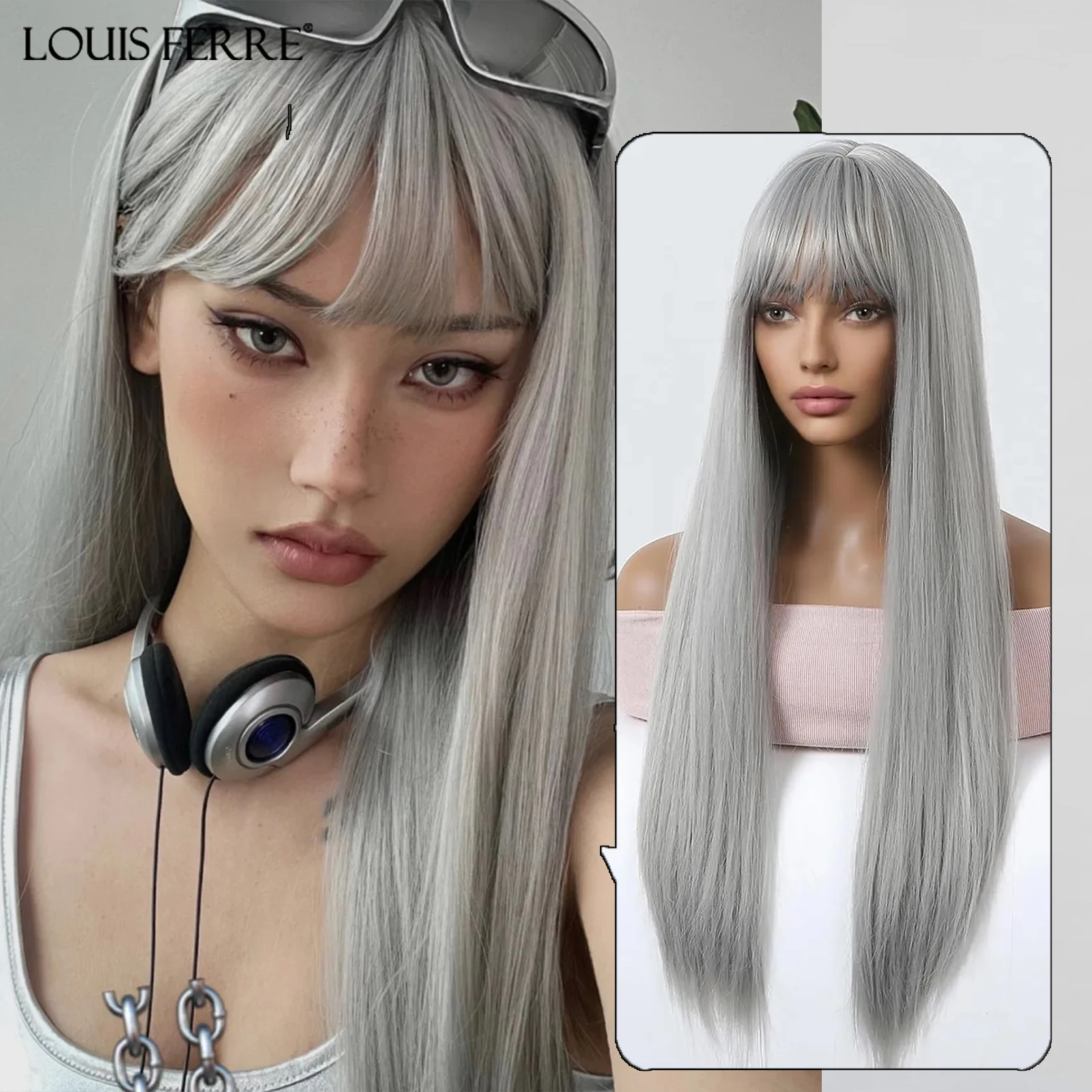 LOUIS FERRE Long Straight Synthetic Wigs for Women Silver Gray Natural Wigs With Bangs Cosplay Halloween Heat Resistant Fake Wig