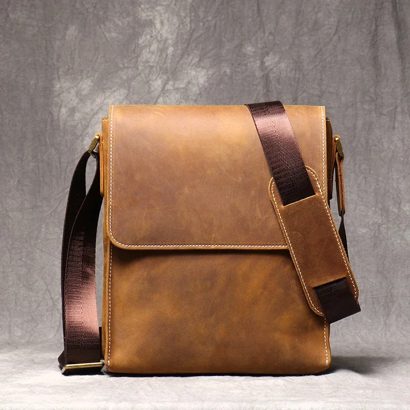 Leather Shoulder Bag Men's Cowhide Sling Brown Crossbody Casual Magnetic Buckle Flap s for 8-inch iPad