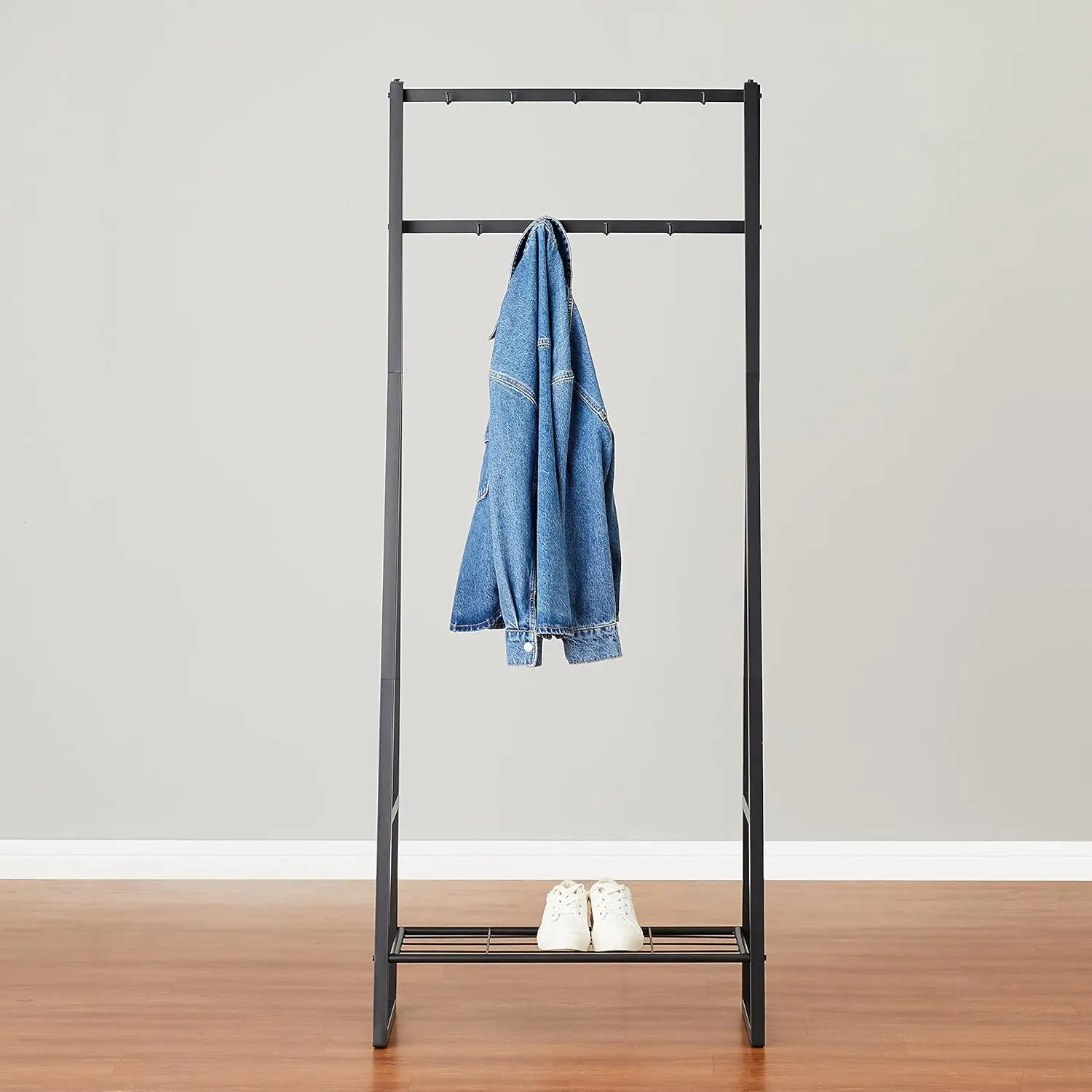 Cabide de 9 ganchos com prateleira para sapatos, organizador de entrada preto 27,6 x 13 x 69 polegadas